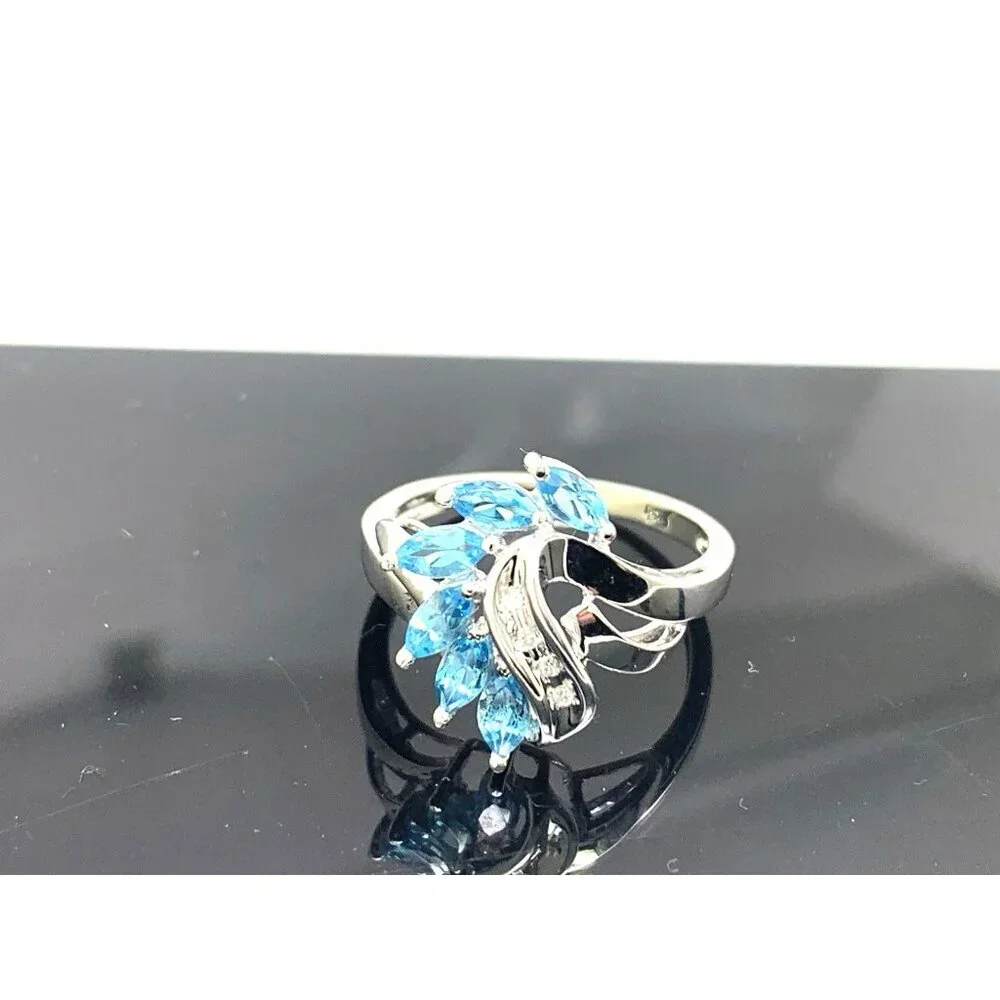 Blue Gemstone Diamond Cocktail Ring 10k White Gold Estate Jewelry Women's Size 7